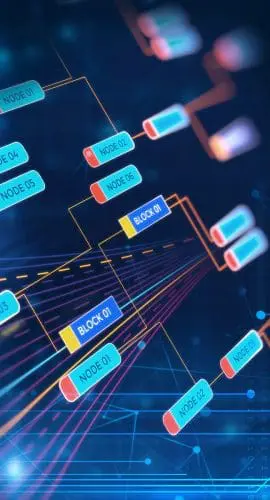A digital representation of a blockchain network with interconnected nodes and data blocks against a dark background, symbolizing a decentralized and secure ledger technology.