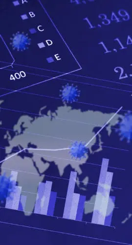 A world map with bar graphs and numerical data is overlaid with images of virus particles.