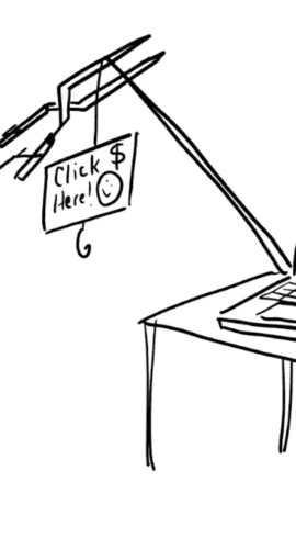 A stick figure is using a fishing rod to dangle a "Click Here!" sign in front of an angry laptop on a table.