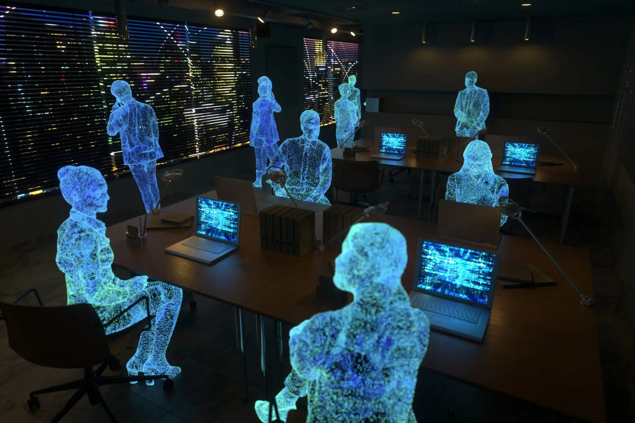 Employees working with AI tools in the workplace, metaverse artificial intelligence concept, highlighting AI compliance requirements and AI employment law risks