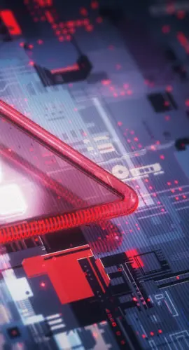 3d render Hazard Warning Sign Sequential Glowing Red White Glass Hazard Warning Sign on Digital Background, warning security concept (Depth Of Field)